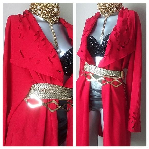 "RED HOT" Sophisticated Vintage Oversized Lag&Look Eyelet CutOut Open Kimono - Picture 2 of 12